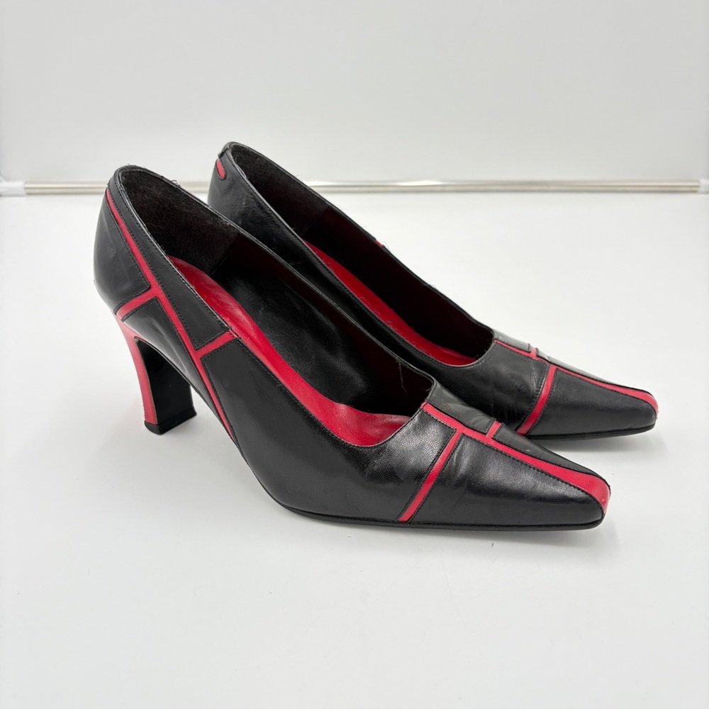 Vintage Y2K 90s Whimsigoth Alternative Black Red Leather Pointed Heels Pumps 6.5